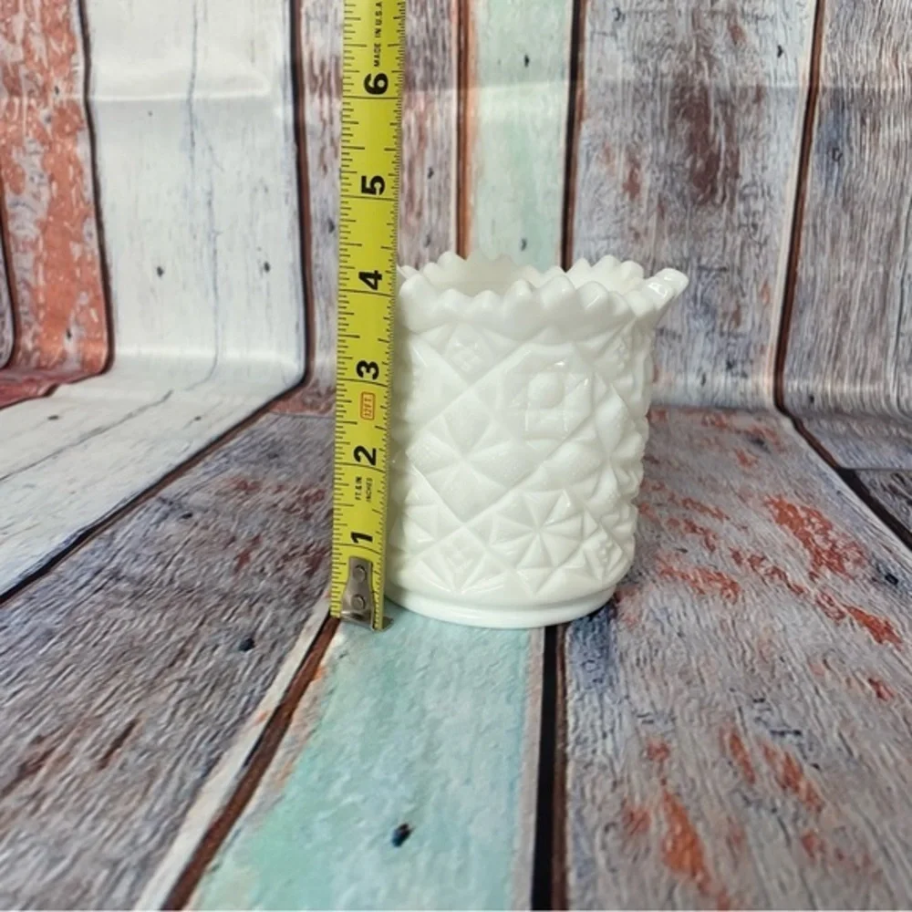 Vintage White Milk Glass Toothpick Holder Daisy and Button Sawtooth Rim 4in